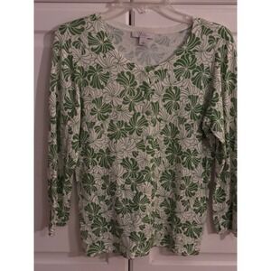 Yves Dressbarn Womens Green White Floral Cardigan Sweater Size L Button Front